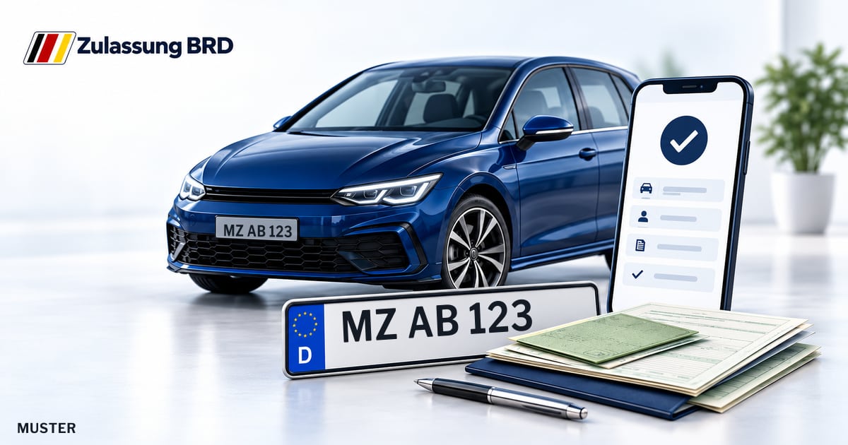 Online Fahrzeugzulassung in Oppenheim: Musterkennzeichen MZ AB 123, Auto und Fahrzeugpapiere und Smartphone. Illustration mit Logo von Zulassung BRD.